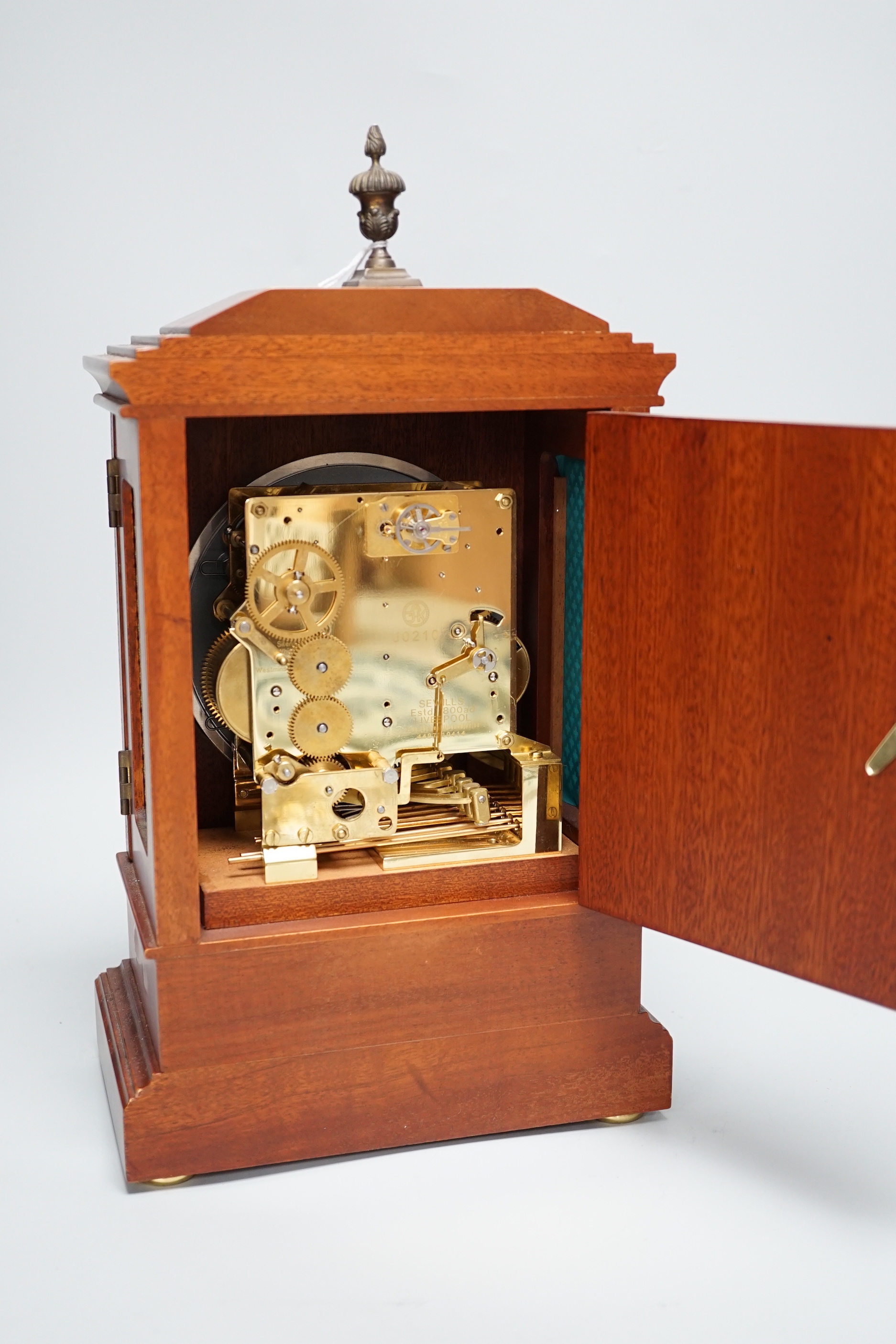 Sewills, Liverpool. An inlaid mantel clock with three train balance escapement movement, chiming - Image 4 of 6