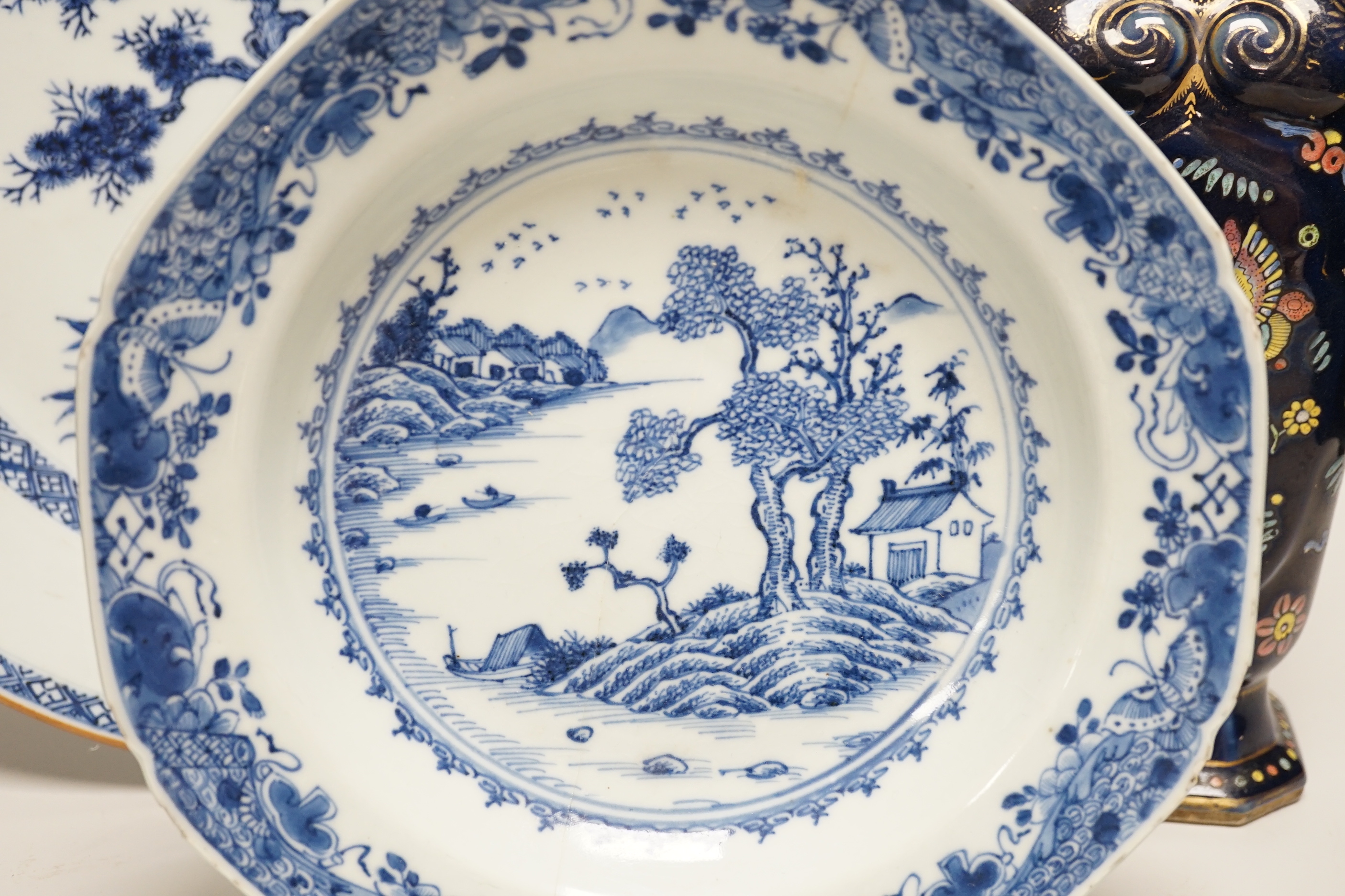 An 18th century Chinese export blue and white charger, a similar soup bowl and a late 19th century - Image 2 of 11