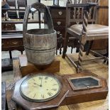 A Chinese staved wood rice bucket, height 56cm, an American drop dial wall clock and a Victorian
