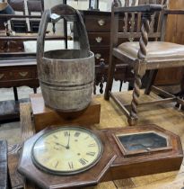 A Chinese staved wood rice bucket, height 56cm, an American drop dial wall clock and a Victorian