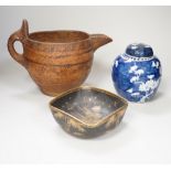 A Chinese blue and white prunus jar and cover, a Japanese Satsuma pottery bowl and a Moroccan