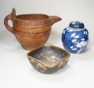 A Chinese blue and white prunus jar and cover, a Japanese Satsuma pottery bowl and a Moroccan