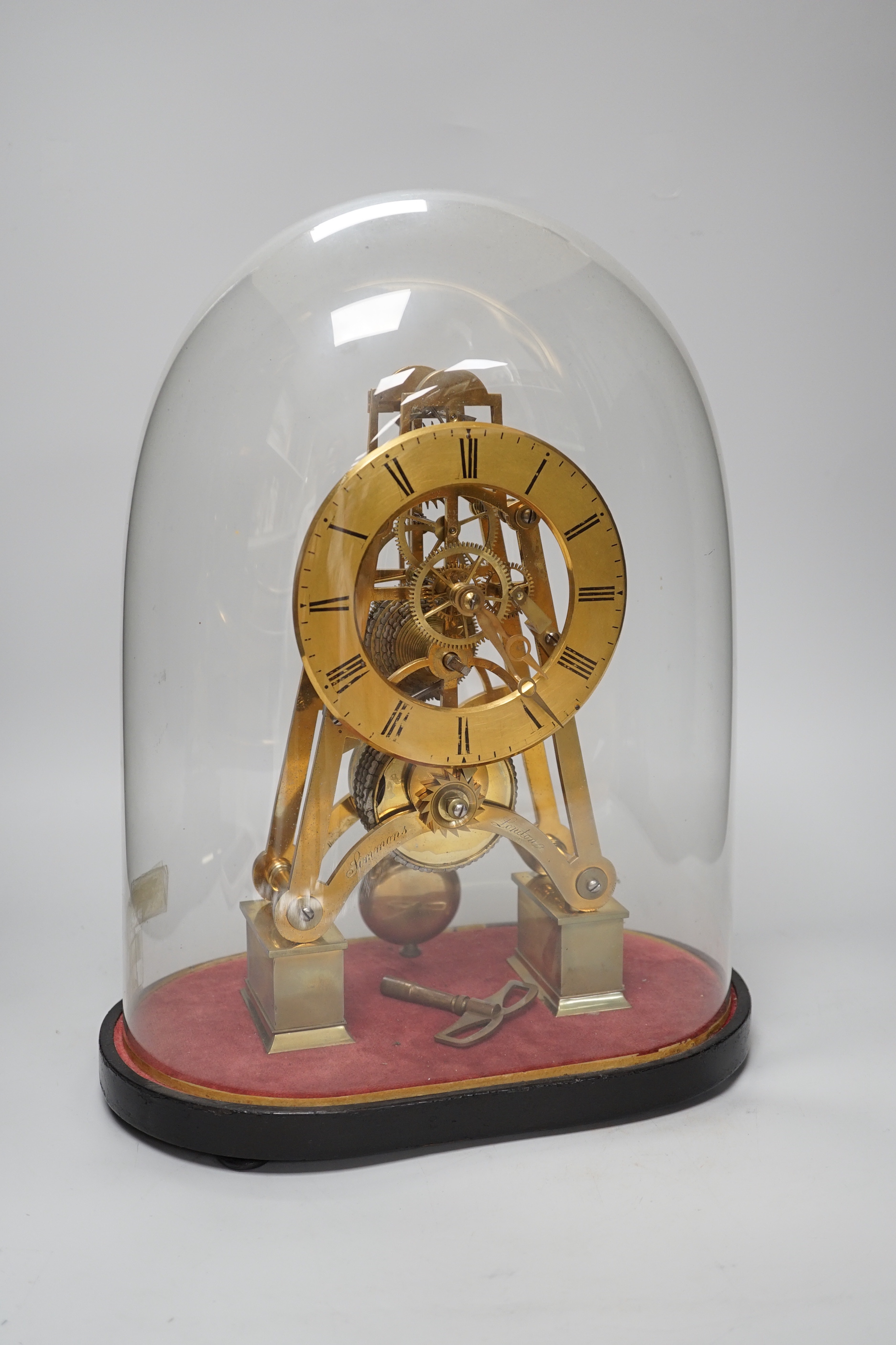 Simmons of London. A brass single fusee skeleton clock under dome, 38cm tall - Image 2 of 4