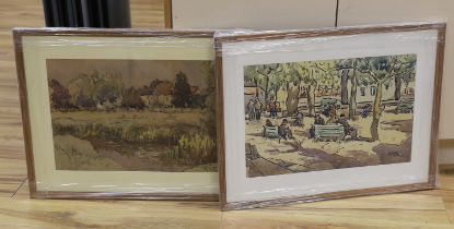 Two mid 20th century ink and watercolours, Park scene with seated figures and Rural landscape,