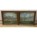 Robert Tucker of Sussex, a pair of oils on board, Shipping off the coast, signed, each 43cm x 38cm