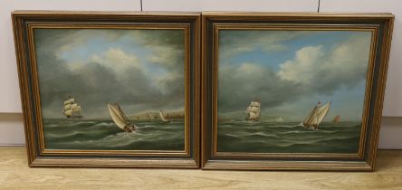 Robert Tucker of Sussex, a pair of oils on board, Shipping off the coast, signed, each 43cm x 38cm