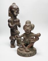 A Yoruba bronze group and a hardwood figure, tallest 47cm