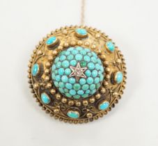 A Victorian yellow metal, turquoise and diamond cluster set domed brooch, 35mm, gross weight 15.2