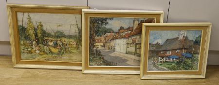 Ethel May Mallinson (1878 – 1970) Three watercolours, Kent Hop-pickers, The Ivy House and the Man of