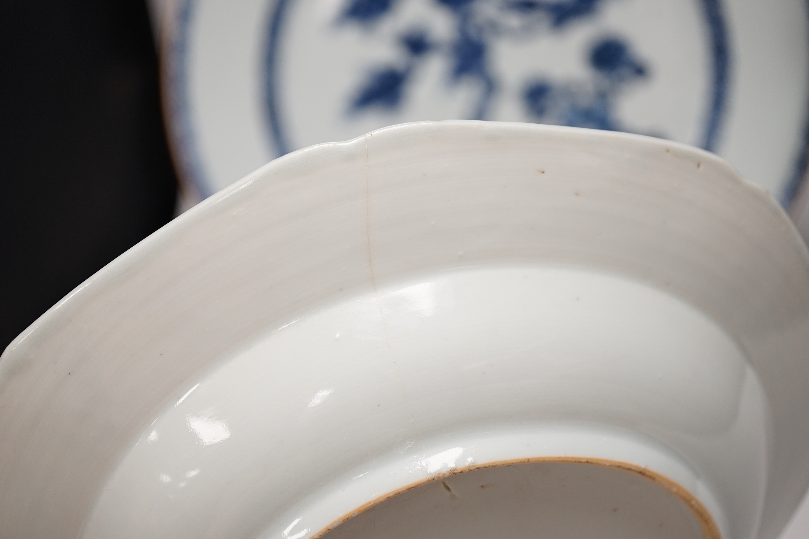 An 18th century Chinese export blue and white charger, a similar soup bowl and a late 19th century - Image 4 of 11