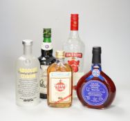 Nine various bottles of spirits: two litre bottles of Captain Morgan’s dark rum, 1 litre of