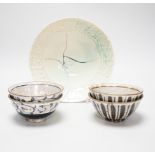 Two pairs of Japanese studio pottery bowls, a European studio bowl and similar ceramic mask raised