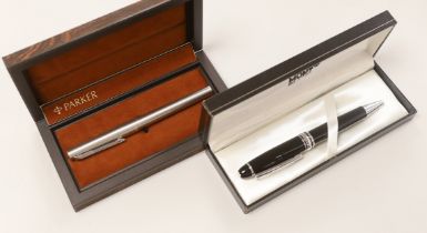 A cased Montblanc ball point pen and a Parker 105 pen