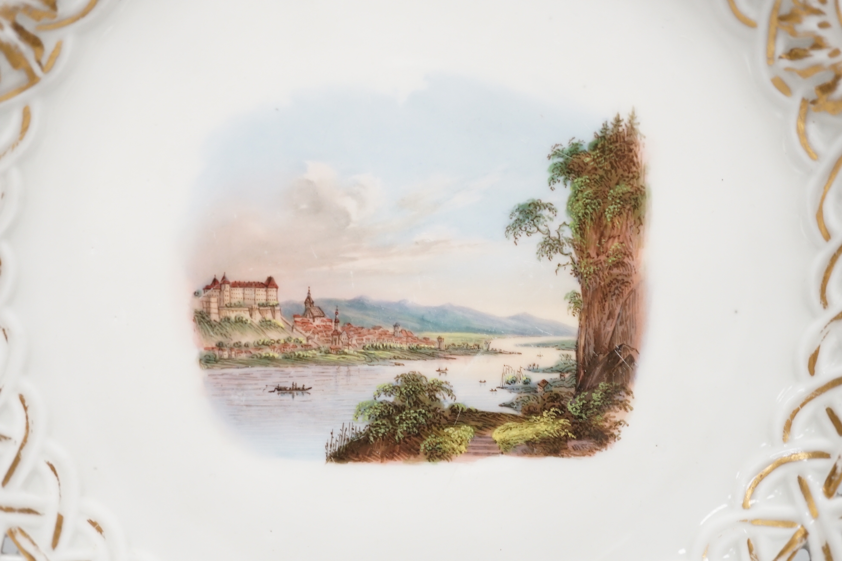 A Meissen topographical reticulated plate, 19th century, painted with named views; Pirna, - Image 2 of 6