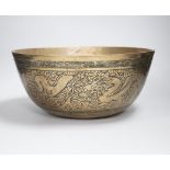 A Chinese brass ‘dragon’ engraved bowl, early 20th century, 33cm diameter