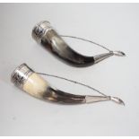 A pair of mid 20th century Soviet Union 875 white metal and niello mounted drinking horns, approx.