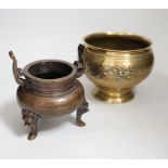 A Chinese bronze censer, 15cm high and a Chinese brass bowl, 13cms high