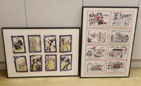 Sixteen vintage American cocktail napkins (1940's /50's), mounted and framed as two, each overall 70