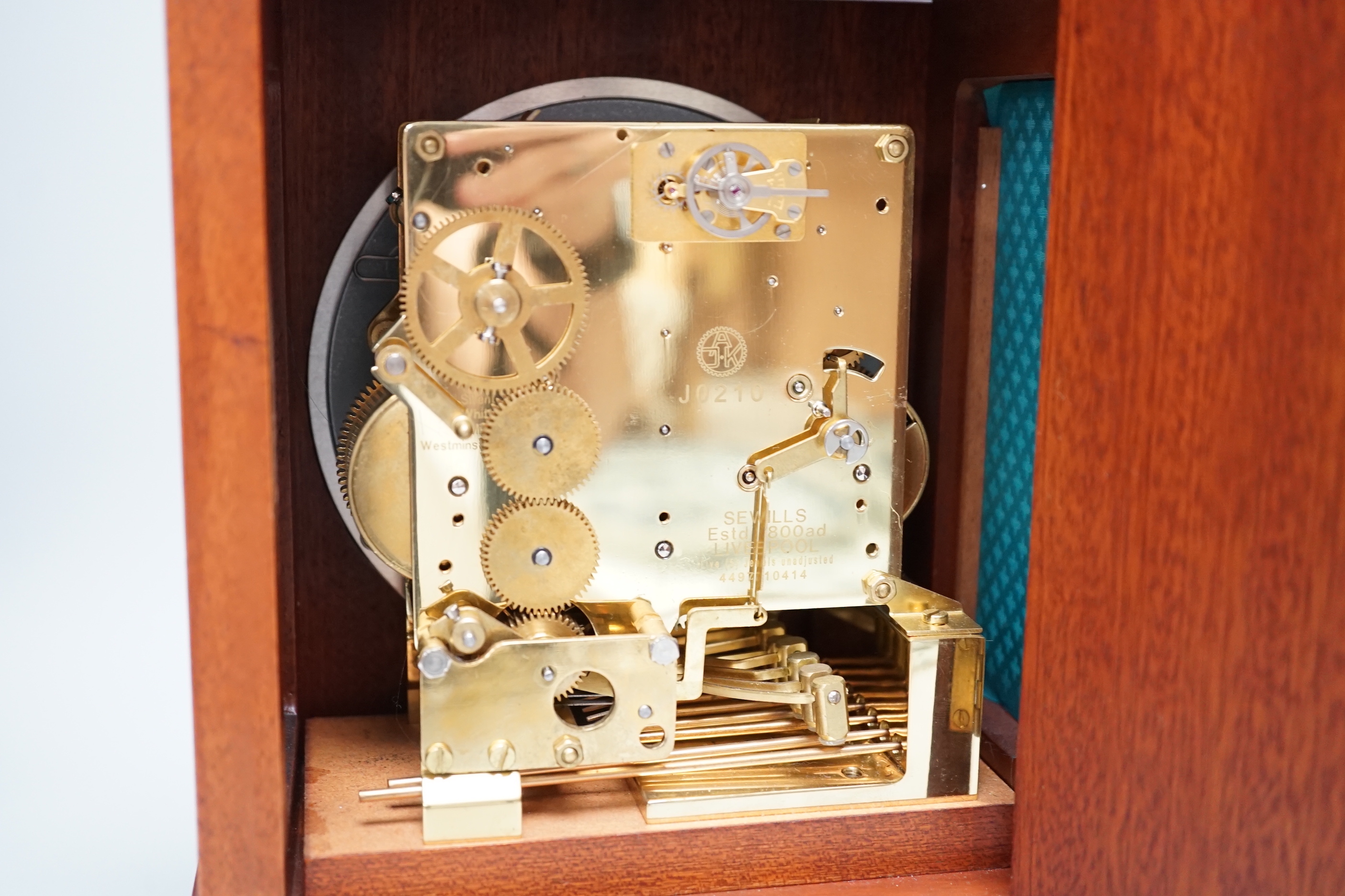 Sewills, Liverpool. An inlaid mantel clock with three train balance escapement movement, chiming - Image 5 of 6