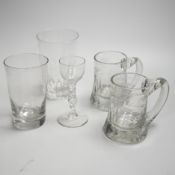 A pair of Victorian pub tankards, engraved with floral motifs and one acid etched with HALF PINT