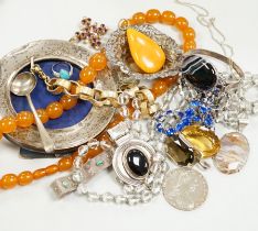 A group of assorted costume jewellery and other items including enamelled vinaigrette, amber