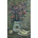 Russian School, impasto oil on canvas, Still life of flowers in a vase with fruit, 76cm x 51cm