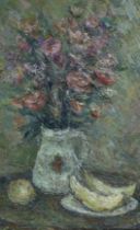 Russian School, impasto oil on canvas, Still life of flowers in a vase with fruit, 76cm x 51cm