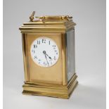 An hour repeating brass carriage clock with key, 16cm