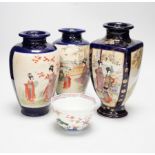 A Japanese Kakiemon bowl and three Satsuma pottery vases, tallest 24cm