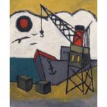 20th Century, oil on board, harbour view, ship and crane, 81cm x 67cm