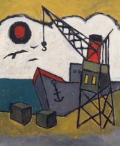 20th Century, oil on board, harbour view, ship and crane, 81cm x 67cm