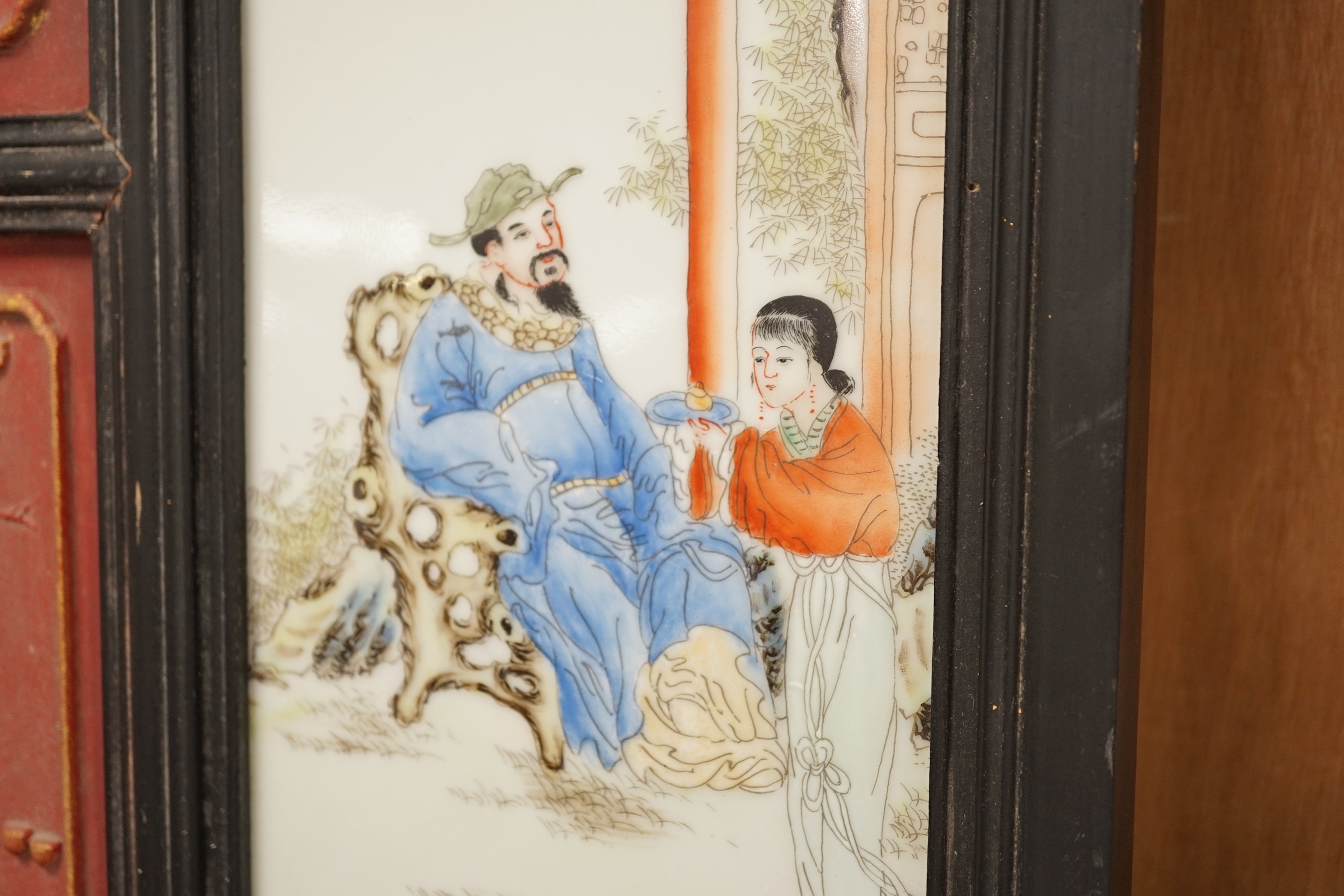 A 20th century Chinese screen with an inset porcelain plaque - Image 3 of 7