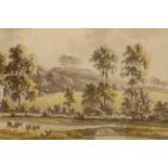 Late 18th/early 19th century ink and watercolour on paper, river landscape with cattle, mounted,