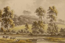 Late 18th/early 19th century ink and watercolour on paper, river landscape with cattle, mounted,