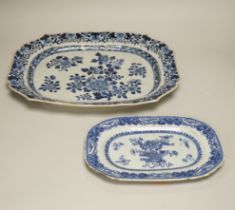 Three 18th century Chinese blue and white serving dishes and a similar plate, largest 38cm