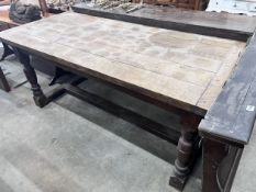 An 18th century style rectangular oak refectory dining table, length 183cm, depth 85cm, height 78cm