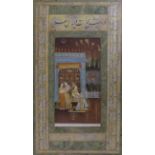 An Indian Mughal style gouache of a court scene with marbled and inscribed borders, 26 x 15cm