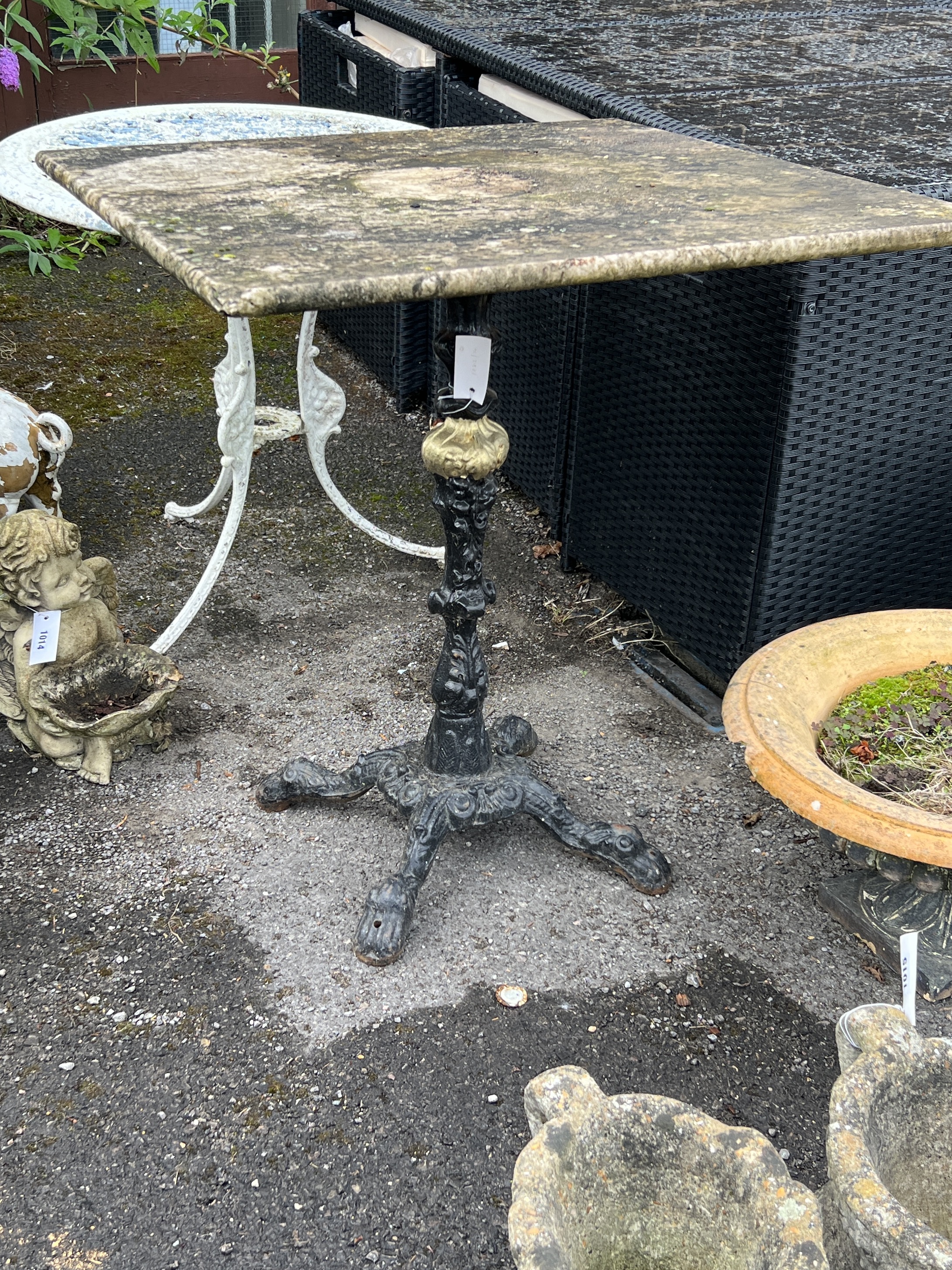 A Victorian style square marble topped cast iron garden table, width 69cm, height 73cm together with - Image 2 of 3