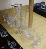 A collection of 18th and 19th century drinking glasses, etc. including rummers, engraved sherry