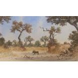 David Johnson (South African b.1958), pastel, Boar in a landscape, signed, 37cm x 21cm