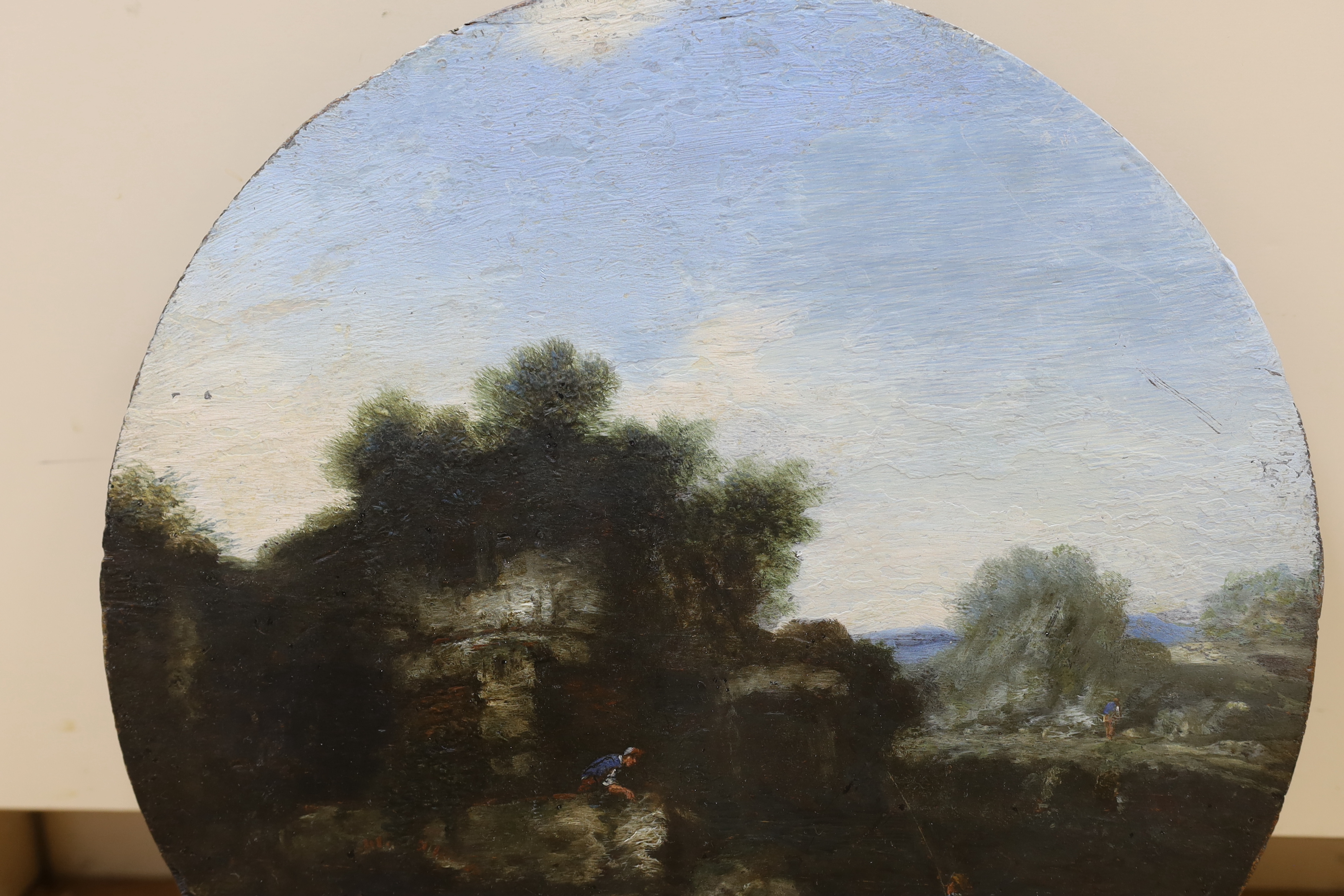 19th century English school, circular oil on wood panel, River landscape with figures fishing, - Image 2 of 3