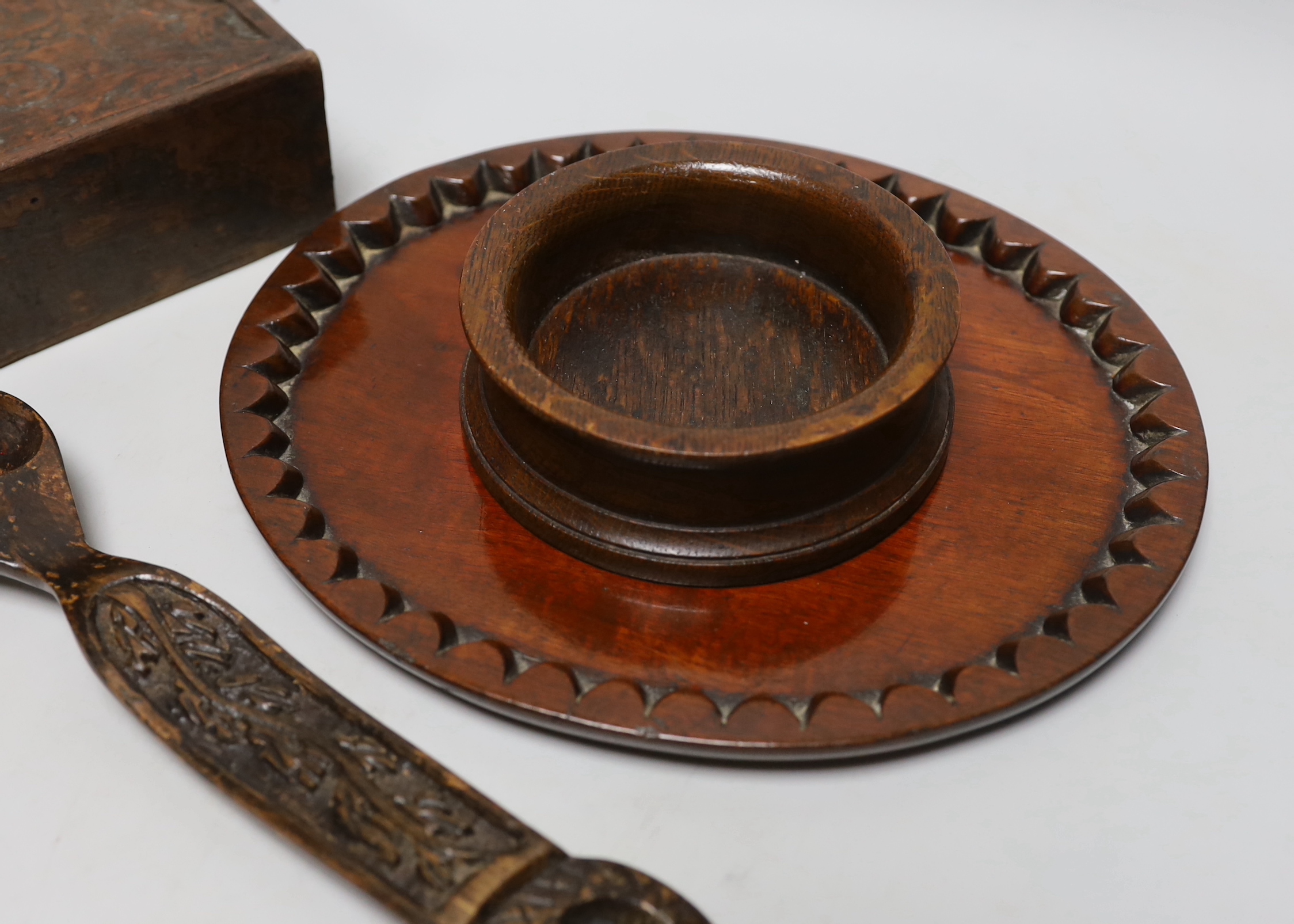 Treen including carved love spoon, four section box with incised decoration and a coaster, the - Image 3 of 5