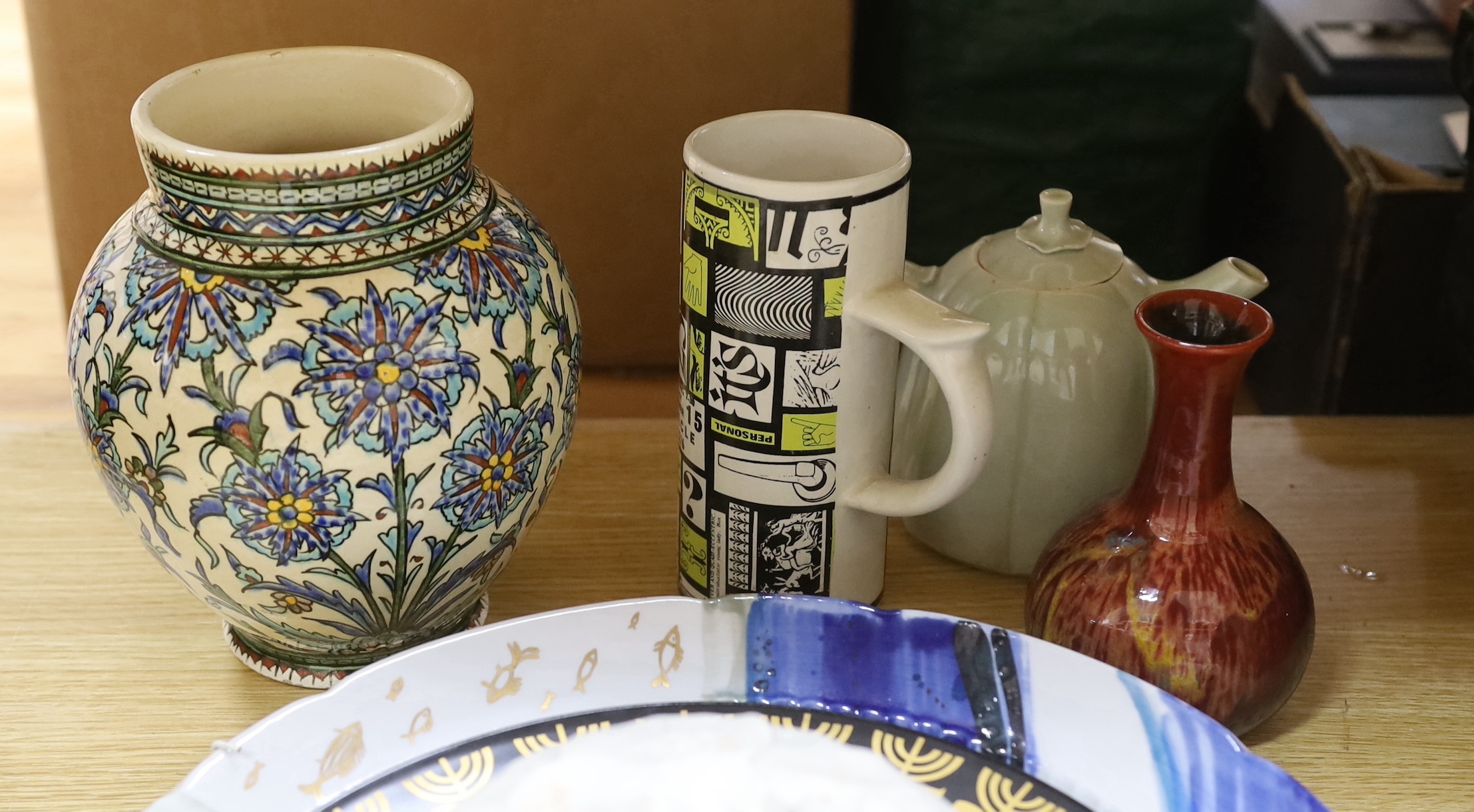 Assorted contemporary ornamental ceramics including chargers, celadon style teapot and vase - Image 2 of 3