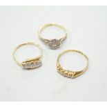 Three assorted 18ct and diamond cluster set rings including a late Victorian five stone diamond chip