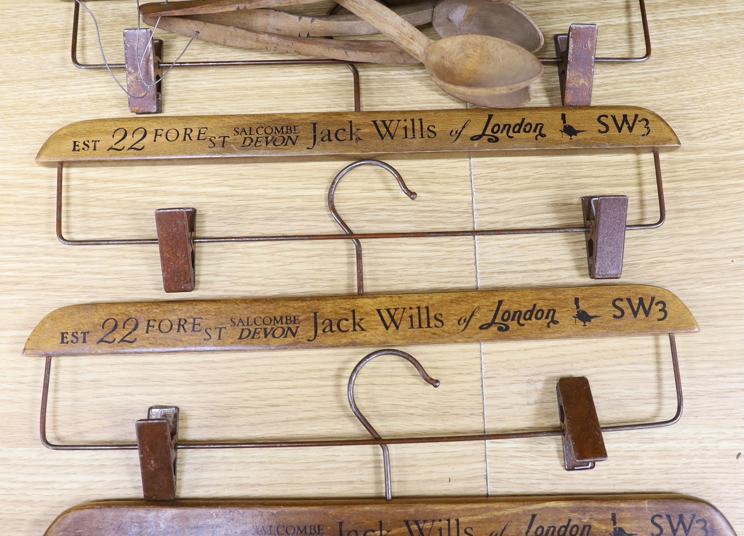 A quantity of Victorian carved wood spoons and four Jack Wills clothes hangers - Image 3 of 3