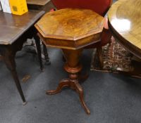 A Victorian octagonal walnut trumpet work table, height 72cm, together with a Victorian spoonback