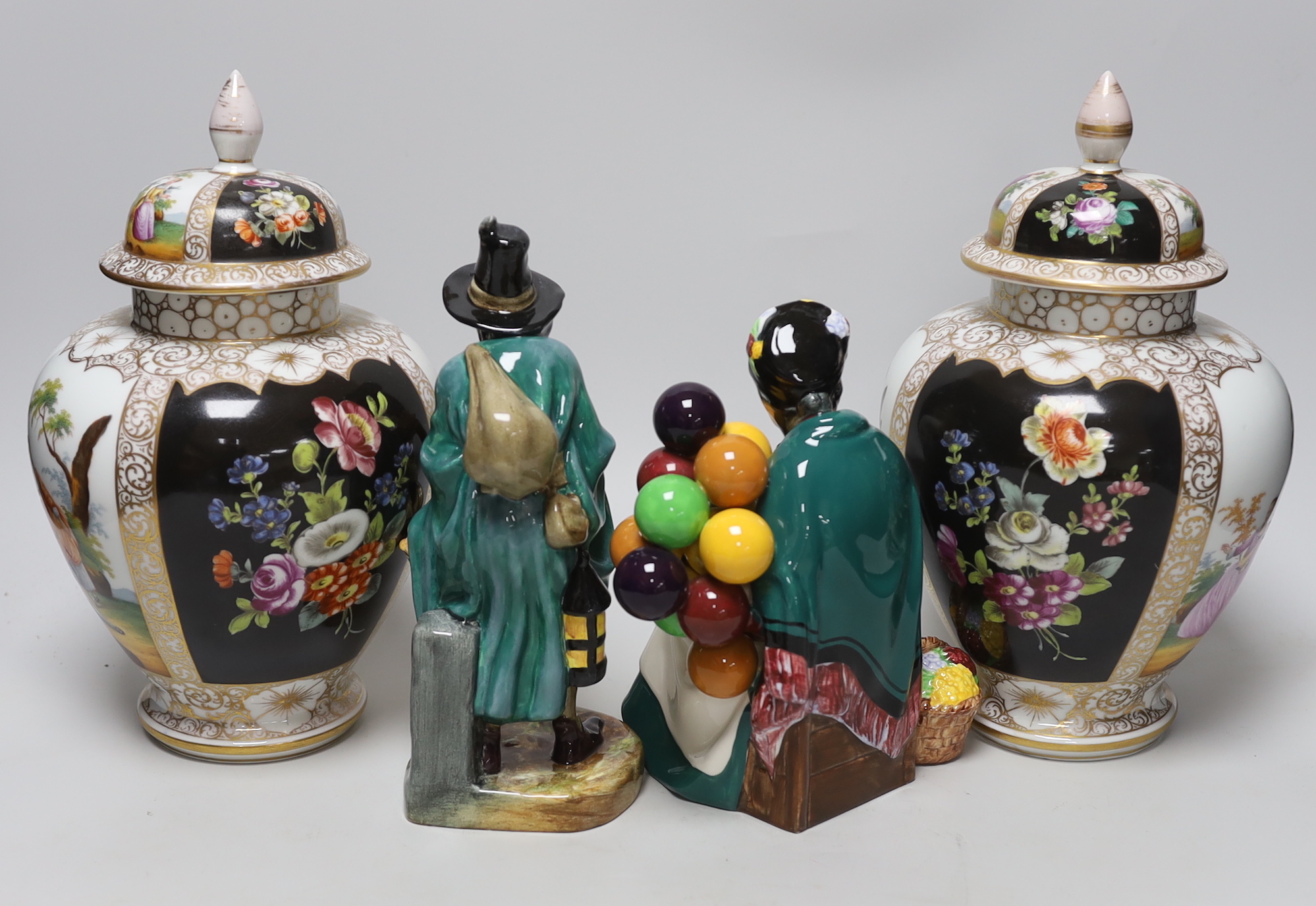 A pair of Dresden vases and covers and two Doulton figures, tallest 26cm - Image 2 of 7