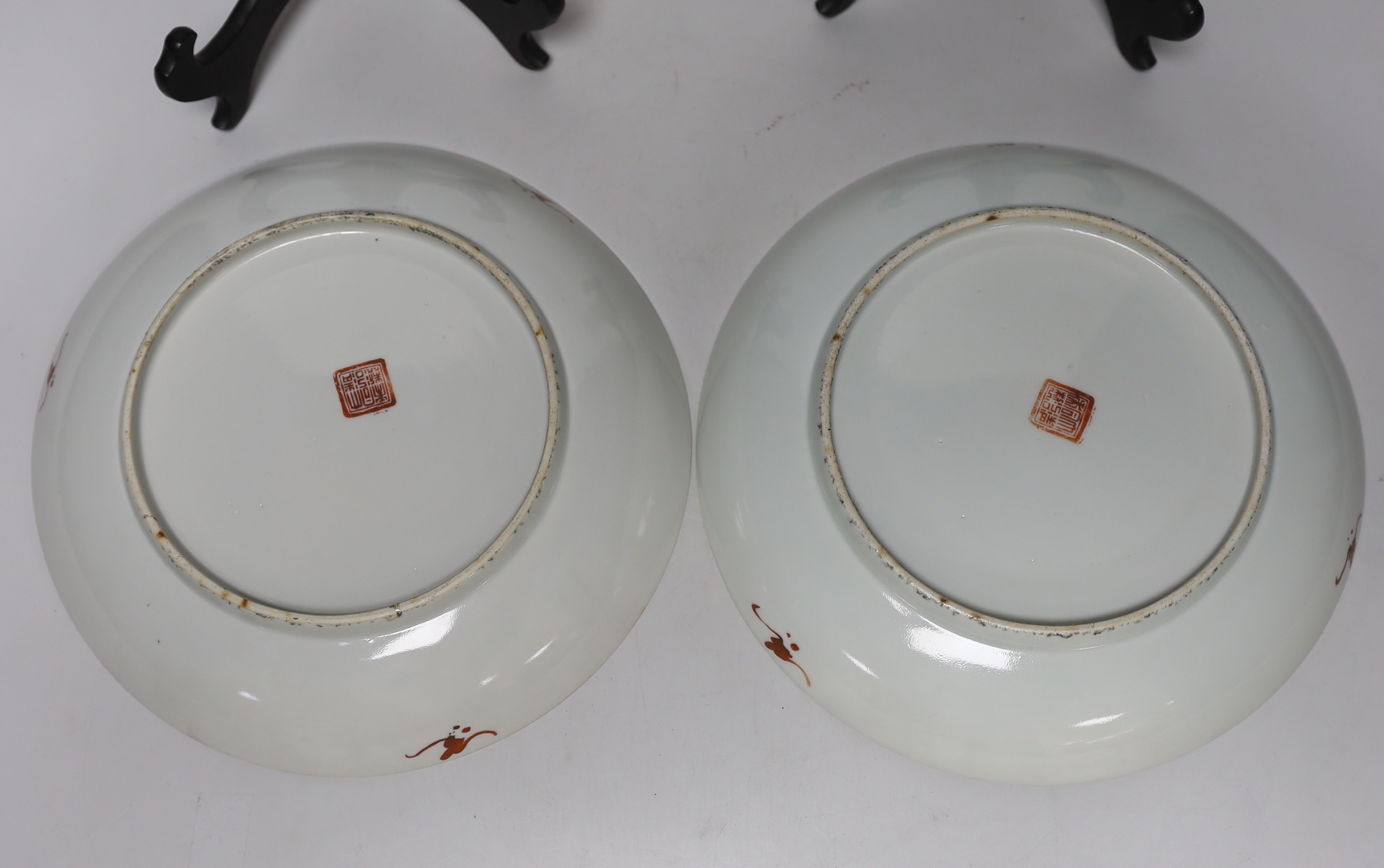 A pair of Chinese famille rose dishes painted with court scenes, a similar enamelled butterfly - Image 6 of 6