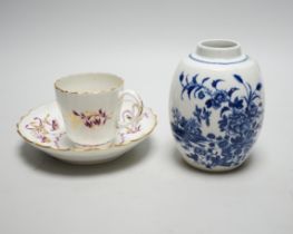 A Worcester Fence pattern tea canister, c.1775, and a Worcester wrythen coffee cup and saucer, c.