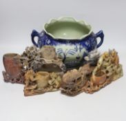 Five Chinese soapstone carvings and a two handled pot